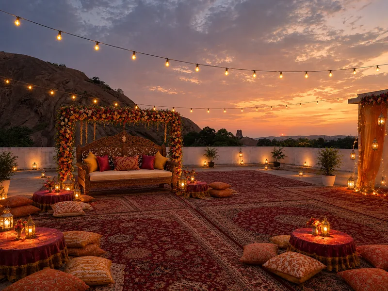 Rooftop terrace decorated for a mehandi function at sunset, hill in the background